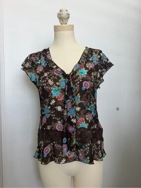 Worthington Vintage Brown Floral Lace Trim Petite Chiffon Blouse